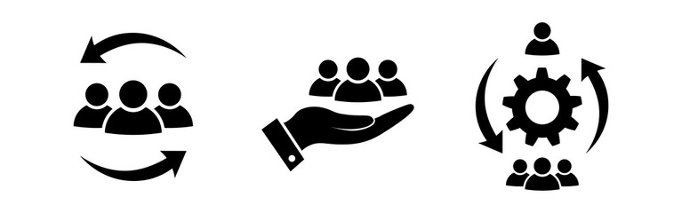 Customer care icon set in flat. Social help symbol on white. Retention client sign in black. Support service icon. People protection, safety symbol. Vector illustration for graphic design, logo, UI.