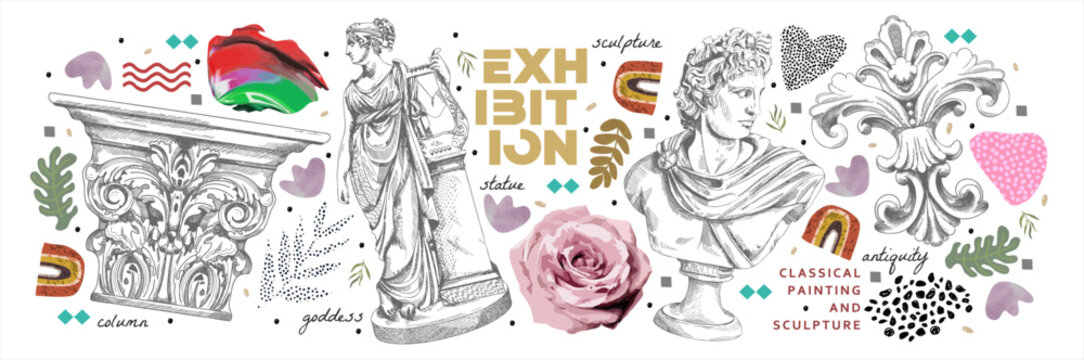 Exhibition, classic and antiquity. Vector illustrations of abstract shapes, ancient greek column, goddess sculpture and bust for background, flyer or poster