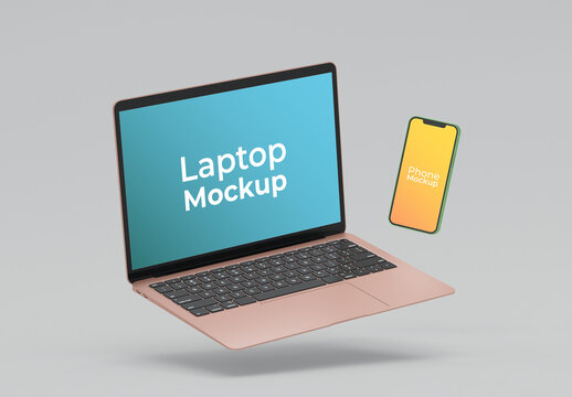 Laptop and Phone Floating in the Air Mockup