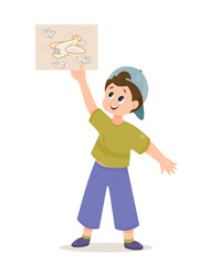 Boy show drawing. Young guy in cap stands and shows sheet with painted flying plane. Graphic element for website, poster or banner. Activity, hobby and leisure. Cartoon flat vector illustration