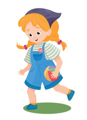 Little girl with rubber ball. Cute child in summer and spring seasons walks with ball in hands. Active lifestyle and recreation. Graphic element for website. Cartoon flat vector illustration