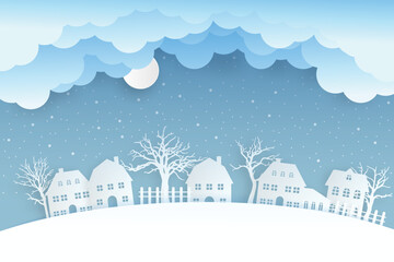 Obraz na płótnie Canvas winter landscape with snow and trees. Santa Flying in the night on christmas. Winter lanscape with house, snow and tree. Paper cut vector design. The house in winter is covered with snow
