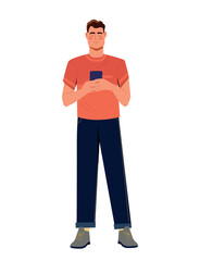 Man with smartphone. Young guy typing message on phone, communication and interaction on Internet. Sticker and reaction for messenger, poster or banner for website. Cartoon flat vector illustration