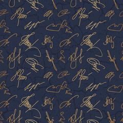 Marble seamless pattern. Repeated autograph background. Gold scrawl signature design for prints. Repeating andwritten patern. Mark printing. Repeat blue printed. Written wallpaper. Vector illustration - obrazy, fototapety, plakaty