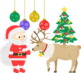 プレゼントを持った、サンタクロースとトナカイのイラスト