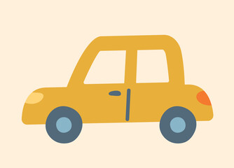 Cute car icon. Yellow vehicle on beige background, map piece. Educational materials for children, training and learning. Travel, vacation symbol. Poster or banner. Cartoon flat vector illustration