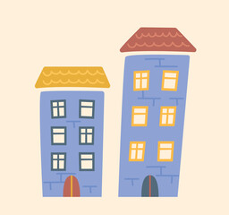 Cute houses icon. Urban architecture and skyscrapers. Graphic element for website, poster or banner. Modern buildings, city. Map pattern for kids. Education. Cartoon flat vector illustration