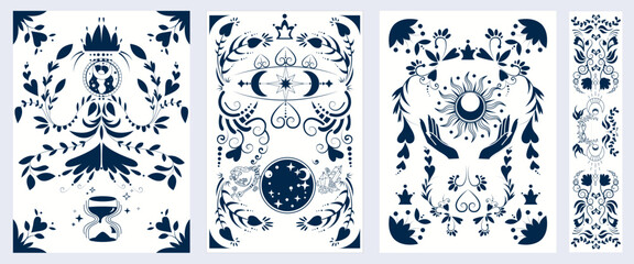 Set alchemical esoteric mystical magic templates for tarot cards, banners, leaflets, posters,brochures, stickers. Esoteric linear engravings with astrological symbol. Astrology celestial background. - obrazy, fototapety, plakaty