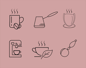 Coffee and tea thin line icons set isolated on black background. Trendy icons for web site, app, logo and restaurant menu. Collection of modern coffe and tea icons for print materials