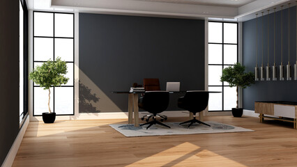 modern business office manager room with 3d design interior for company wall logo mockup