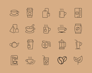 Coffee and tea thin line icons set isolated on black background. Trendy icons for web site, app, logo and restaurant menu. Collection of modern coffe and tea icons for print materials