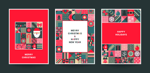 Collection of three trendy vector Christmas cards with patterns assembled from squares with Christmas symbols and geometric ornament.