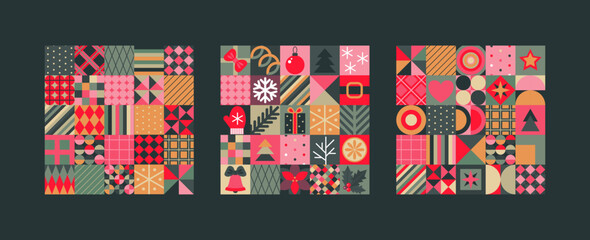 Set of three vector Christmas seamless patterns assembled from squares with Christmas symbols and geometric ornaments