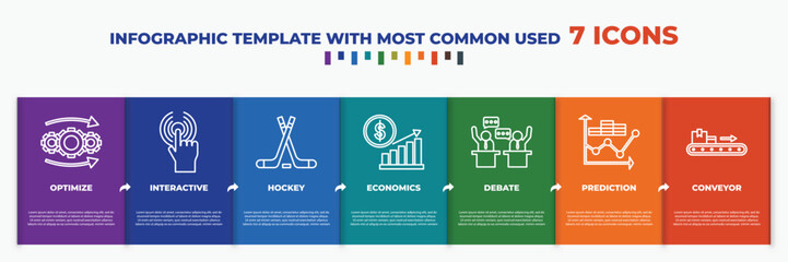 infographic template with outline icons. thin line icons such as optimize, interactive, hockey, economics, debate, prediction, conveyor editable vector. can be used for web, mobile, info graph.