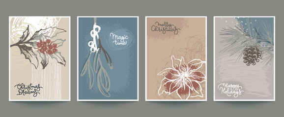 Collection of four trendy vector Christmas cards with hand drawn trees, animals, snowflakes and abstract texture