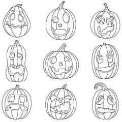 Set of linear icons with pumpkin faces. Simple illustrations for Halloween, Harvest Day, Thanksgiving, Fall Festival. Collection of isolated sketch clipart for design.