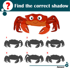 Educational game for children. Find the correct shadow. Cute crab