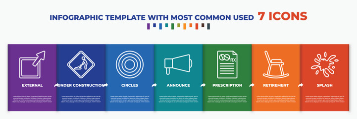 infographic template with outline icons. thin line icons such as external, under construction, circles, announce, prescription, retirement, splash editable vector. can be used for web, mobile, info