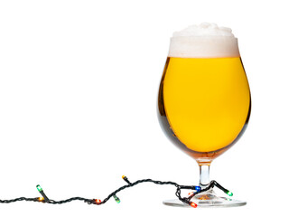 Tulip glass of beer with christmas lights isolated - obrazy, fototapety, plakaty