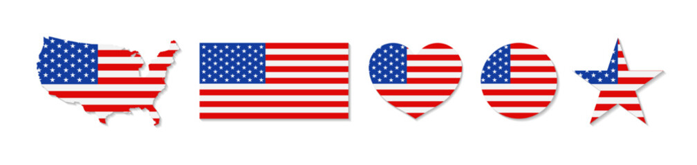 American flag. Usa flag with different forms map, circle, heart, star and rectangle. Icons of united states of america. Patriot emblems with shadow. Memorial day with symbols of proud. Vector