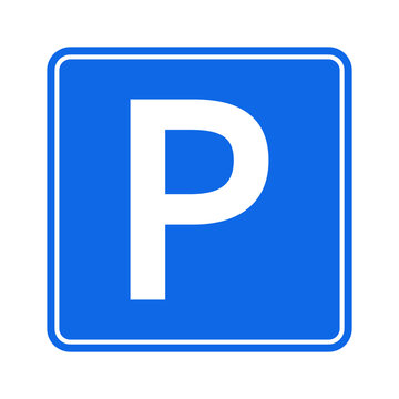 Park sign. Icon of parking lot. Blue symbol for information on road. Sign for car, traffic and place of P. Square isolated symbol on white background for regulation of transport. Vector