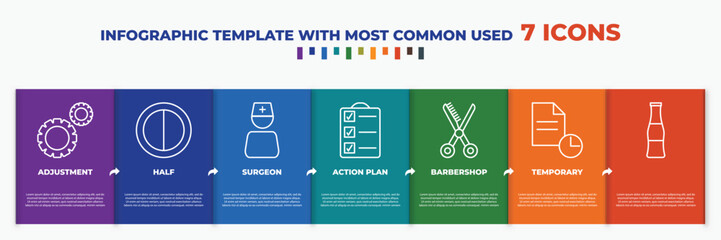 infographic template with outline icons. thin line icons such as adjustment, half, surgeon, action plan, barbershop, temporary, editable vector. can be used for web, mobile, info graph.
