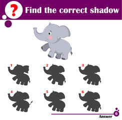 Educational game for children. Find the correct shadow. Cute elephant