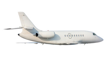 Fototapeta na wymiar White modern luxury business jet flies isolated on transparent background