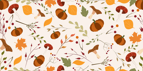 Autumn seamless pattern with mushrooms,colorful leaves,pumpkins,decorations isolated on light background.Vector design.
