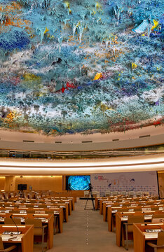 Human Rights hall Interior fragment in the United Nations headquarters in Geneva, Switzerland