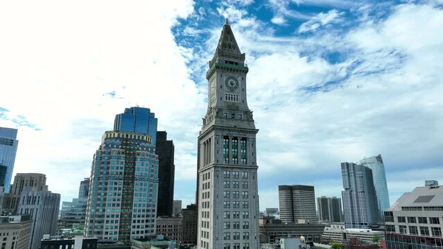 Custom House Tower in Boston Massachusetts. Aerial against sky in New England largest city. Historic building on Freedom Trail.