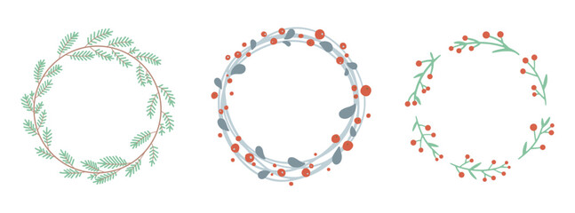 Christmas wreaths set. Holiday wreaths with leaves. Set of wreaths. Cute decorative elements. Vector illustration.