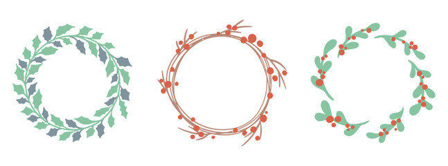 Christmas wreaths set. Holiday wreaths with leaves. Set of wreaths. Cute decorative elements. Vector illustration.