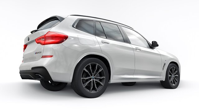 Paris, France. October 17, 2022. BMW X3 M40i White luxury sport car isolated on white background. 3d illustration.