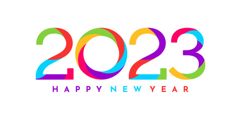 Happy new year 2023. 2023 Logo text. Greeting card design with colorful shapes. Vector illustration