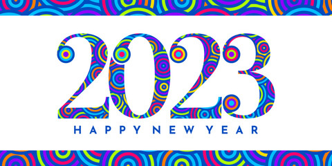 Happy new year 2023. 2023 Logo text. Greeting card design with colorful shapes. Vector illustration