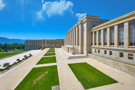 View on the UN United Nations headquarters building in Geneva, Switzerland