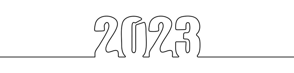 Continuous line drawing of 2023 year. One line drawing holiday background. Vector illustration. Abstract New Year background