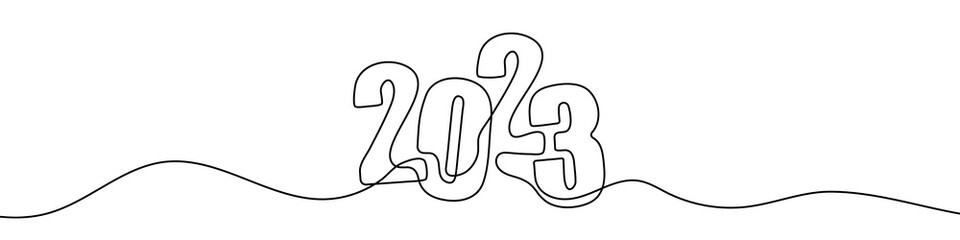 Continuous line drawing of 2023 year. One line drawing holiday background. Vector illustration. Abstract New Year background