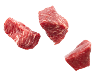 Three slices of raw beef meat isolated on white, clipping path, png