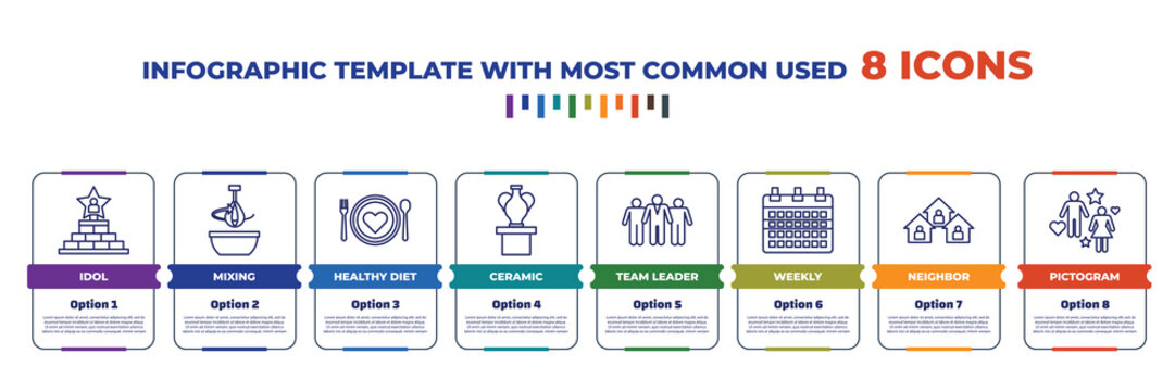 infographic template with outline icons. thin line icons such as idol, mixing, healthy diet, ceramic, team leader, weekly, neighbor, pictogram editable vector. can be used for web, mobile, info