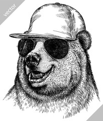 Vintage engrave isolated glasses dressed fashion bear in cap illustration costume cut ink sketch. Wild brown sunglasses hipster bear background grizzly art