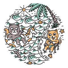cute cat doing activities on the beach illustration