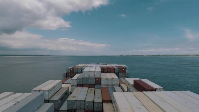 Onboard of huge Container ship during underway, center view.