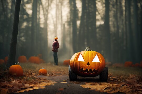 This is a 3D illustration of a Man with a pumpkin head standing in front of a sports car.