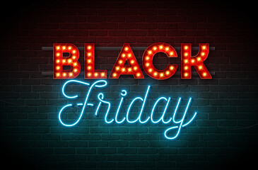 Black Friday Sale Illustration with Glowing Neon and Light Bulb Lettering on Dark Brick Wall Background. Vector New Year and Christmas Design Template for Greeting Card, Flyer, Banner, Celebration