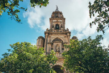 Fototapeta na wymiar Profile angle of church surrounded by summer green orange trees in Jerez
