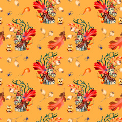 Fototapeta na wymiar Colorful Halloween seamless pattern of cute house watercolor isolated on orange.