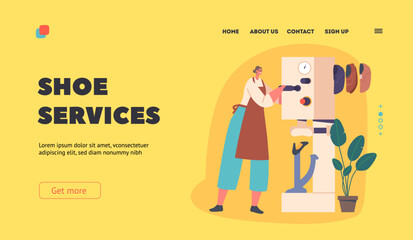 Shoe Services Landing Page Template. Shoemaker Professional Occupation Concept. Cobbler Artisan Making Footwear