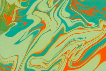 Turquoise orange beige acrylic fluid art. Abstract creative spring background. Artistic floral background. Dynamic lines, movement, contrast splash. Design of holiday cards. Fashionable marble texture